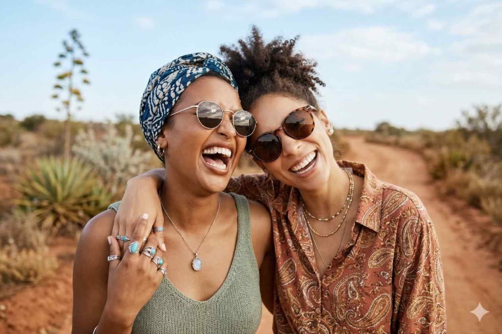 Two friends laughing outdoors on a sunny trail